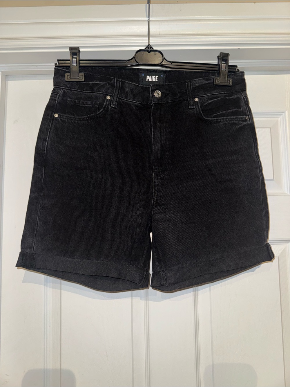 PAIGE Black Cuffed High-Rise Denim Shorts